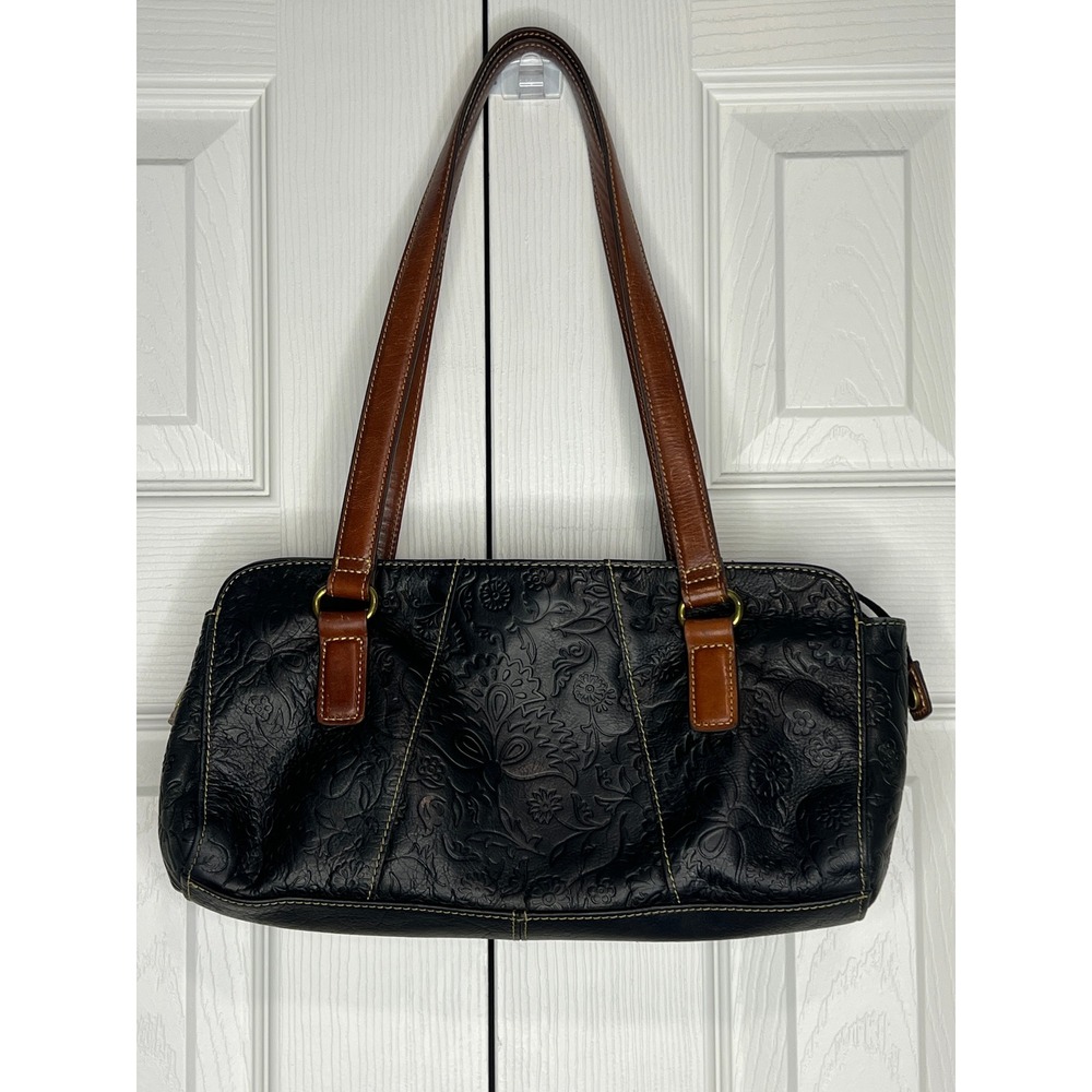 Fossil Embossed Floral Shoulder Bag Boho Cottagecore Western Black Leather